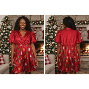 Simply Southern Women S Red Christmas Tree Sequin Holiday Dress Puff Sleeve NWT